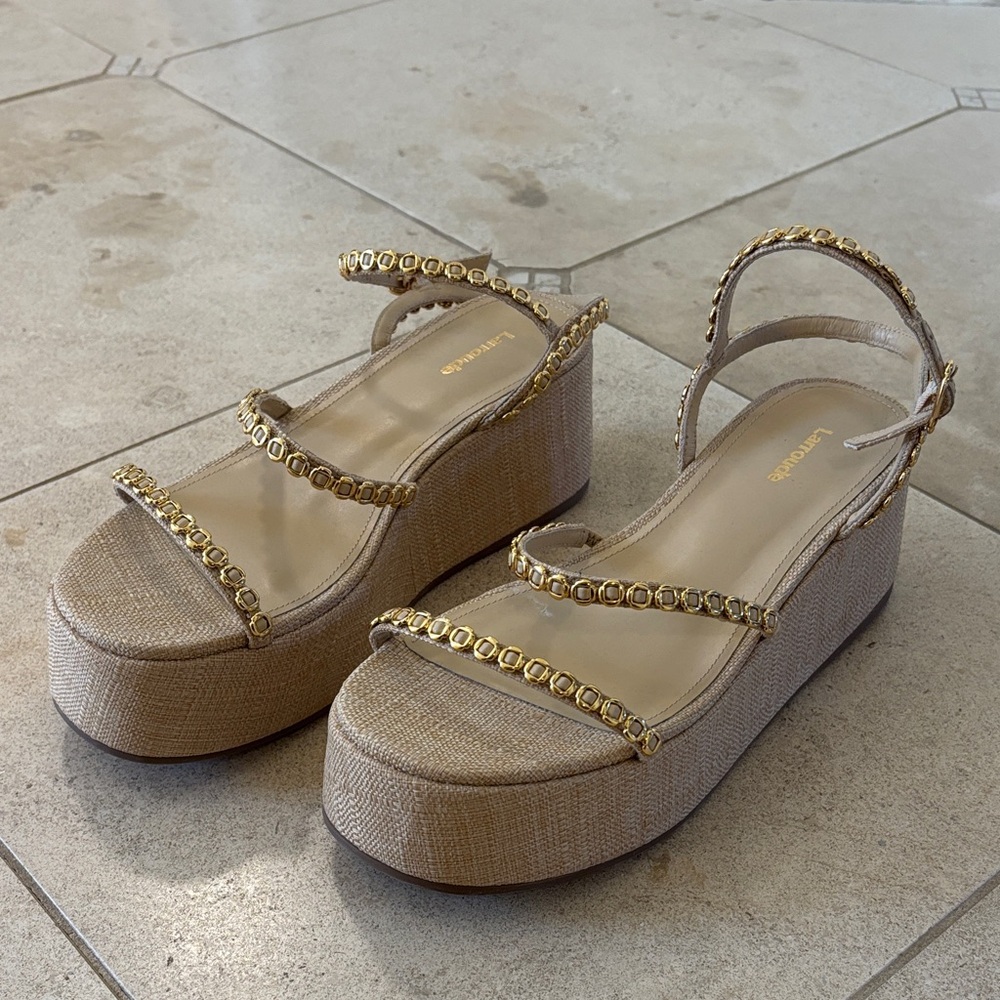 Larroude Beige Platform Wedge Sandals with Gold Chain Trim